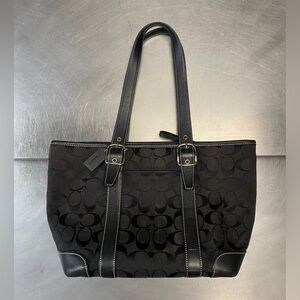 COACH Black L055-6042 Leather Trimmed Fabric Signature Logo Satchel Purse Bag